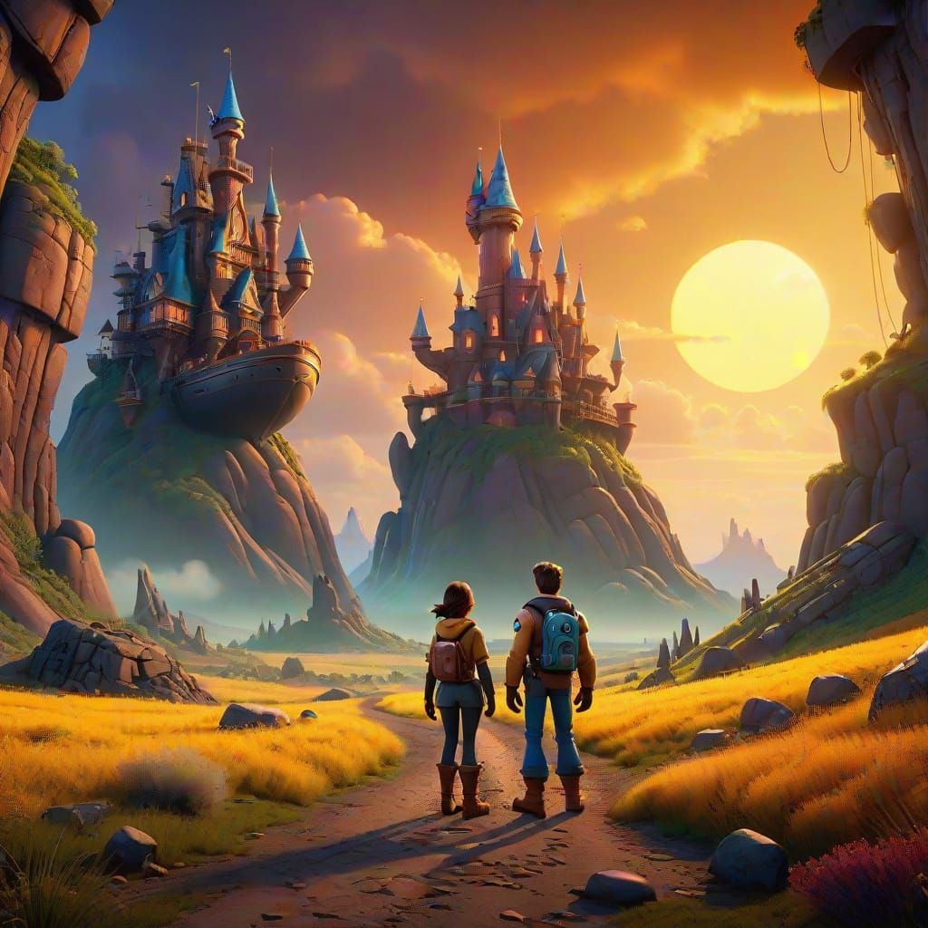 Surreal Fantasy Landscape with Lonely Figures in Warm, Golde...