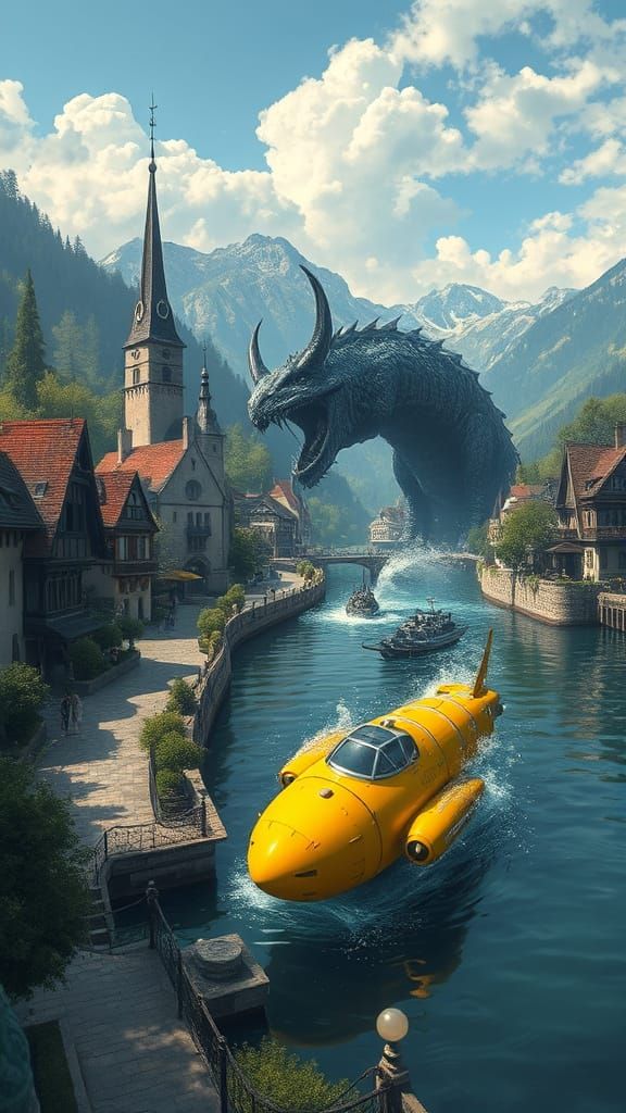 Medieval Town Lakeside Battle with Sea Monster