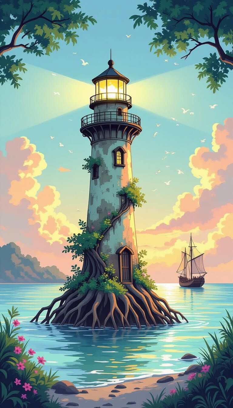 Bioluminescent Mangrove Lighthouse in Watercolor Style