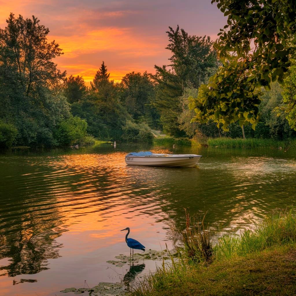 a boat on a beautiful  pond.  a blue herron on the shore