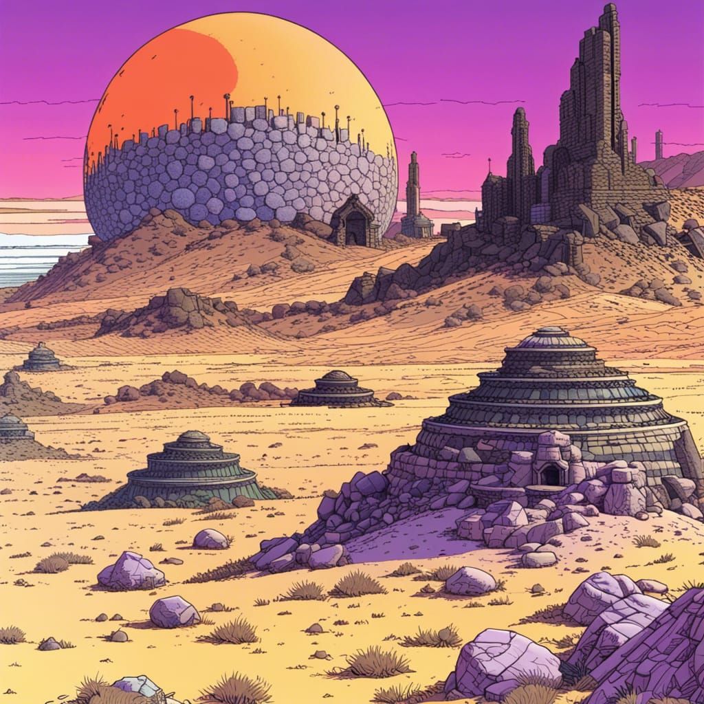 Desert Domes in Ultraviolet Grasslands: Moebius Style