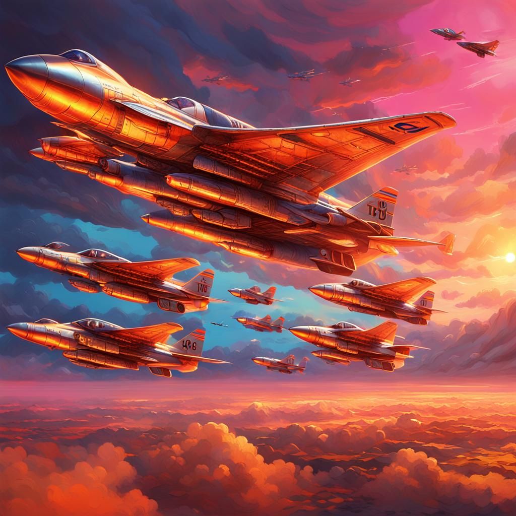 Fleet of Silver Fighter Planes Soaring at Sunset