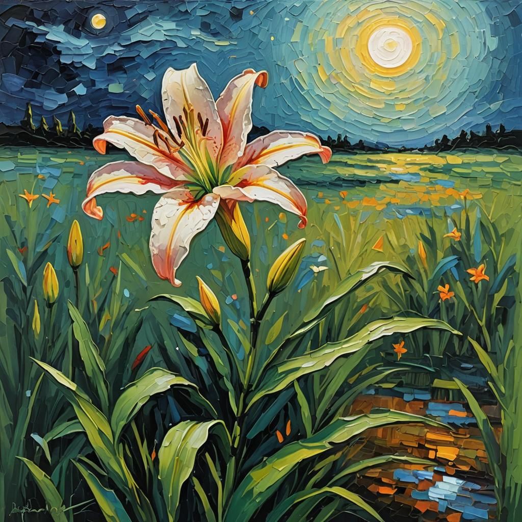 Impasto Lily in Field with Moon