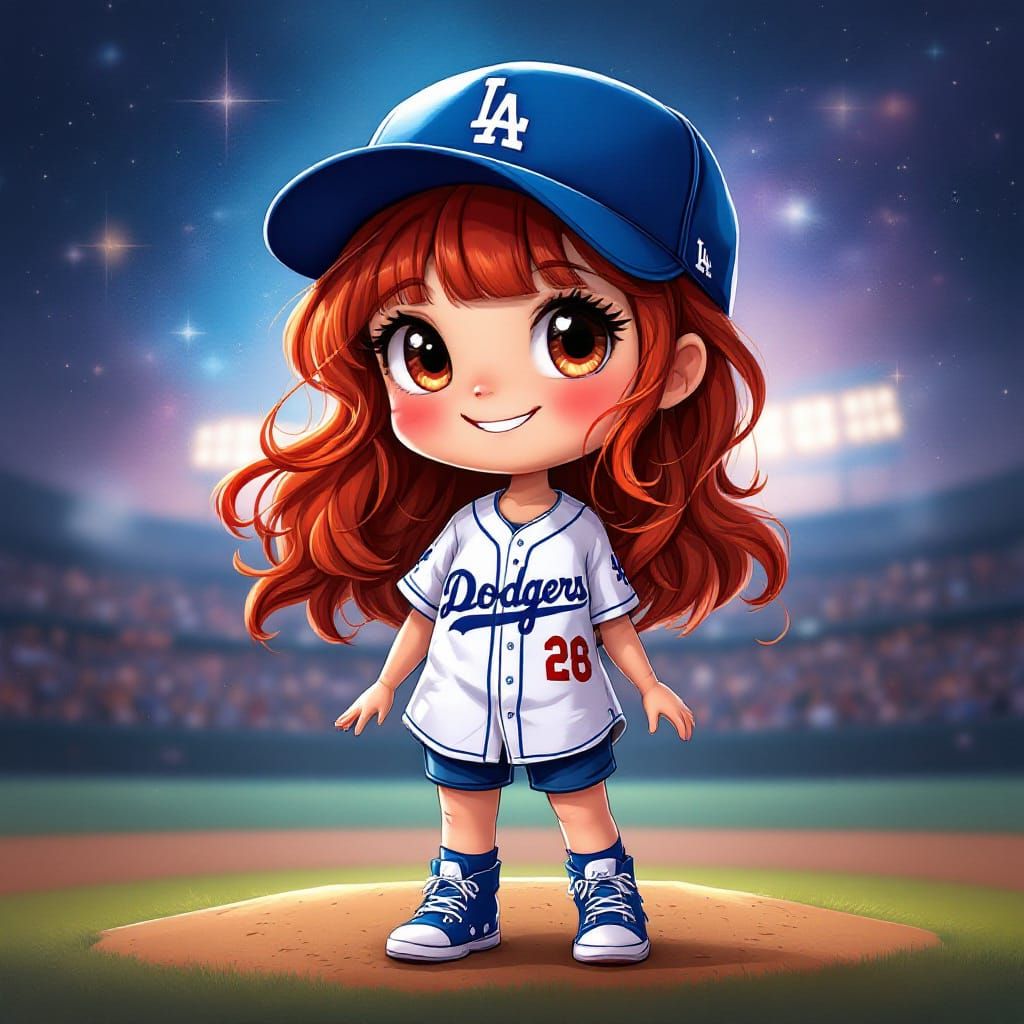 Chibi Girl in Dodgers Jersey, Whimsical Digital Art