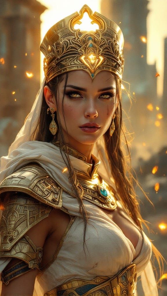 Cyberpunk Warrior Queen in Ancient Futuristic Armor