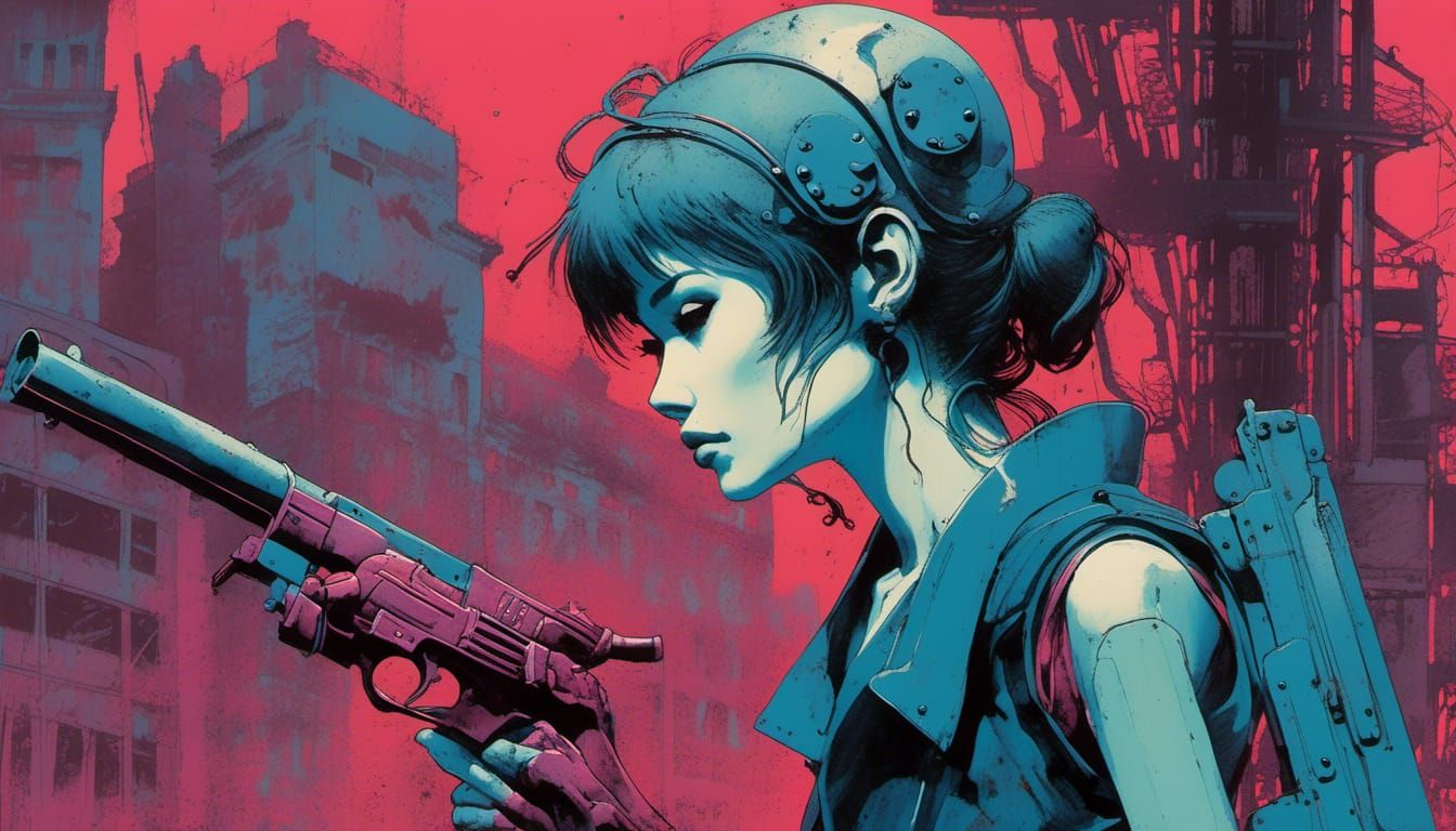 Cyberpunk Femme Fatale in Neo-Tokyo Gunfight