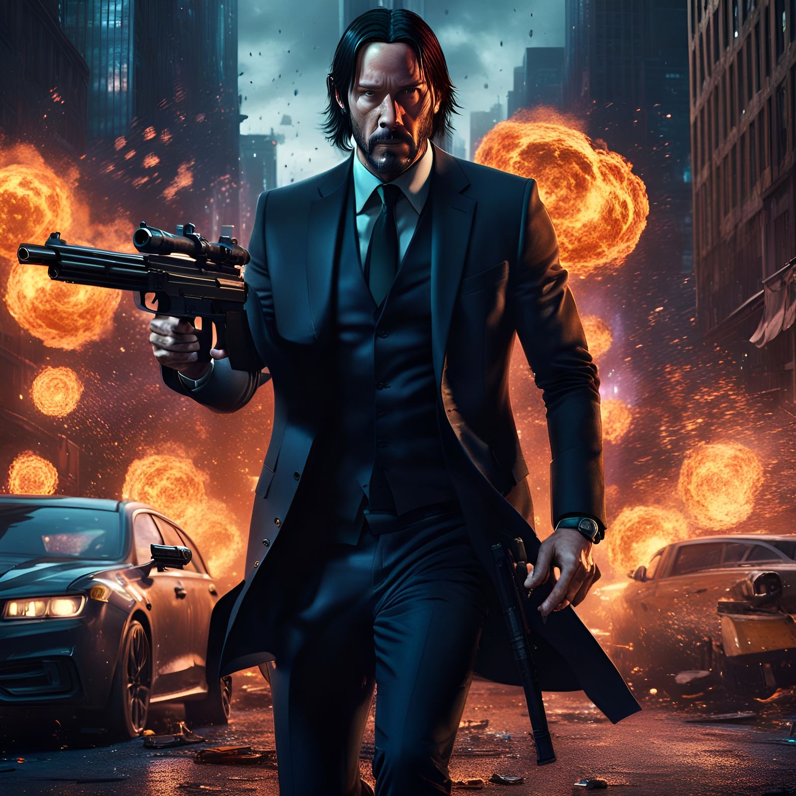 Cinematic Explosion: Man Shooting Gun in City