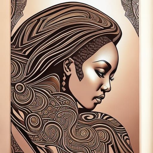 Sepia Zentangle of African Woman in Hokusai Style