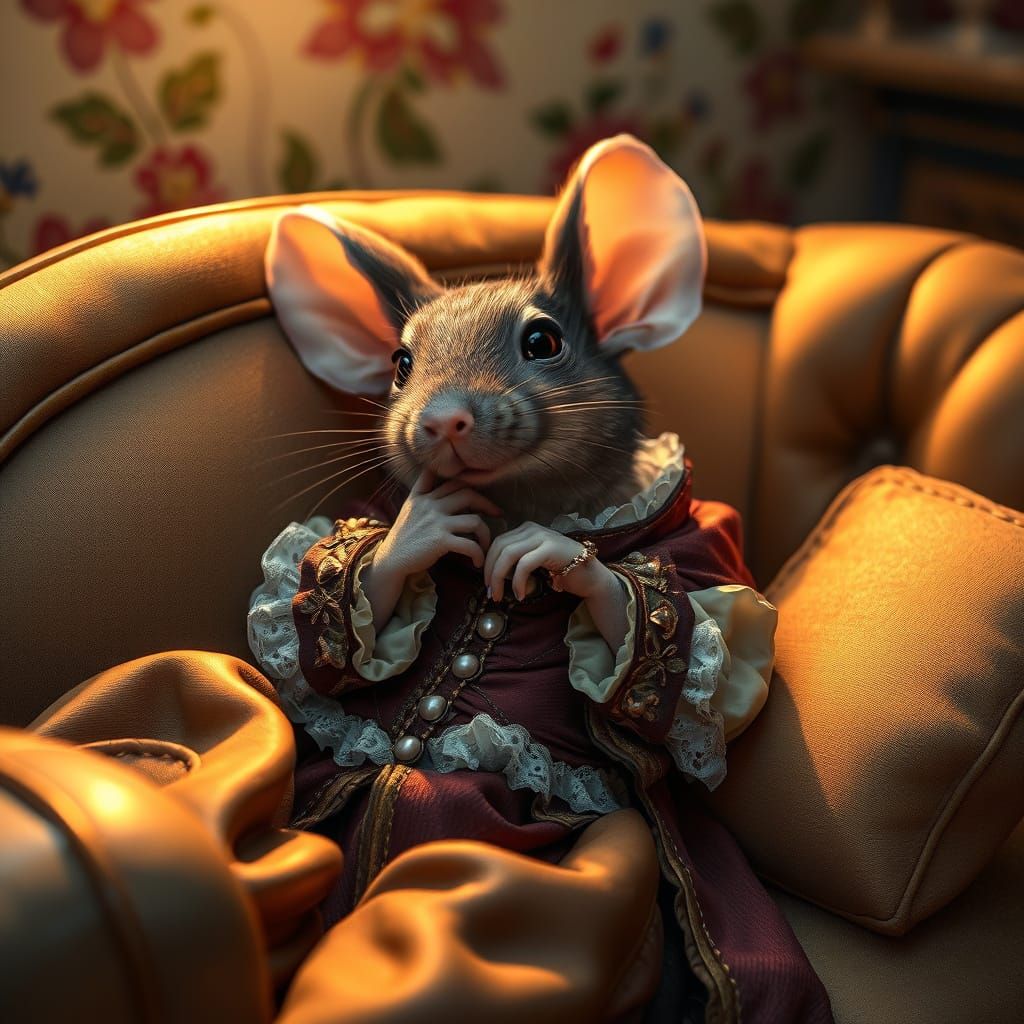Mouse in Renaissance Attire Posing for Rabbit Painter