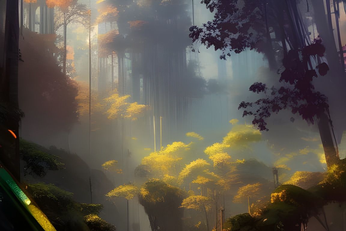 Golden Forest Creek Under Starry Clouds