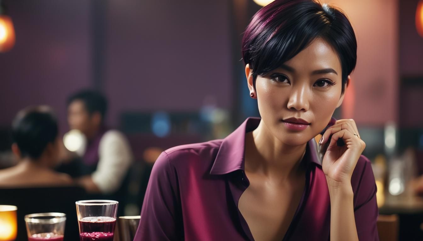 Thai Woman in Plum Attire: Cinematic Restaurant Scene