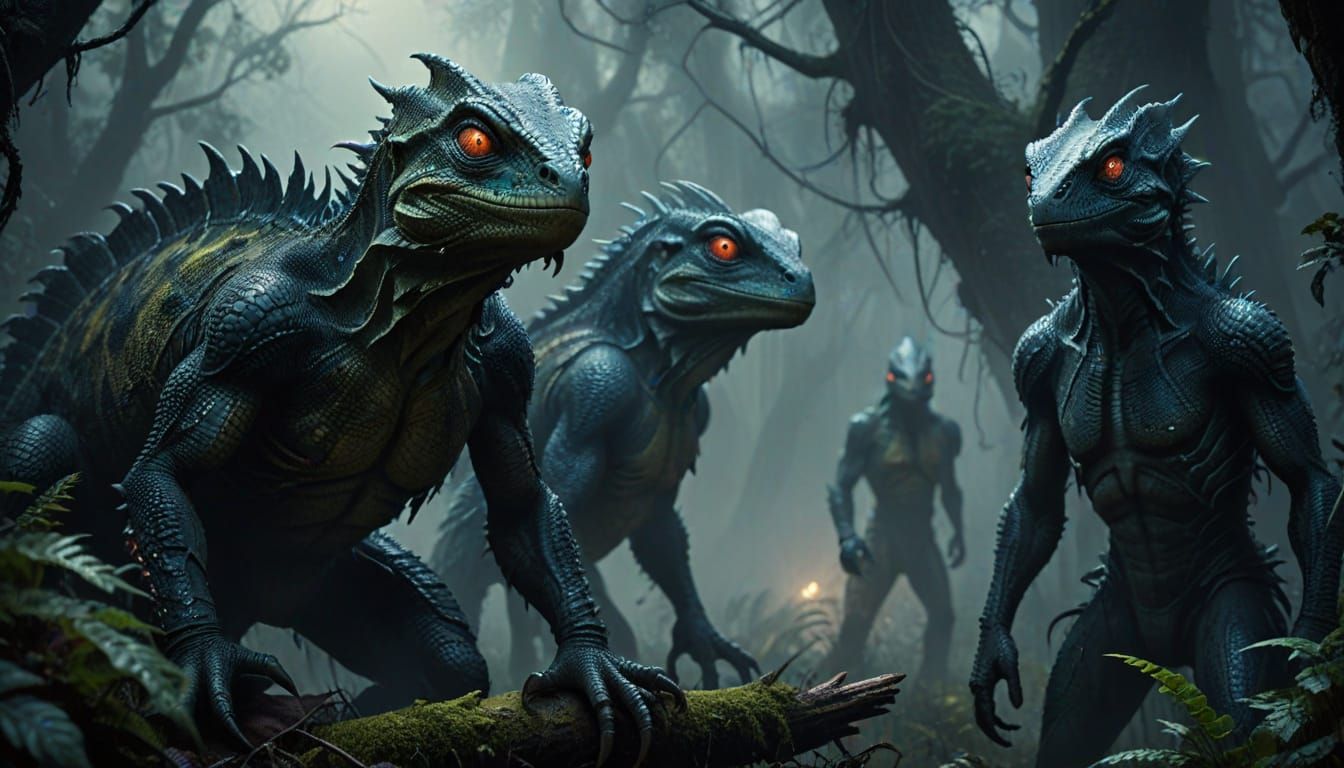 Lizard-People in Dark Forest, Dark Fantasy Art
