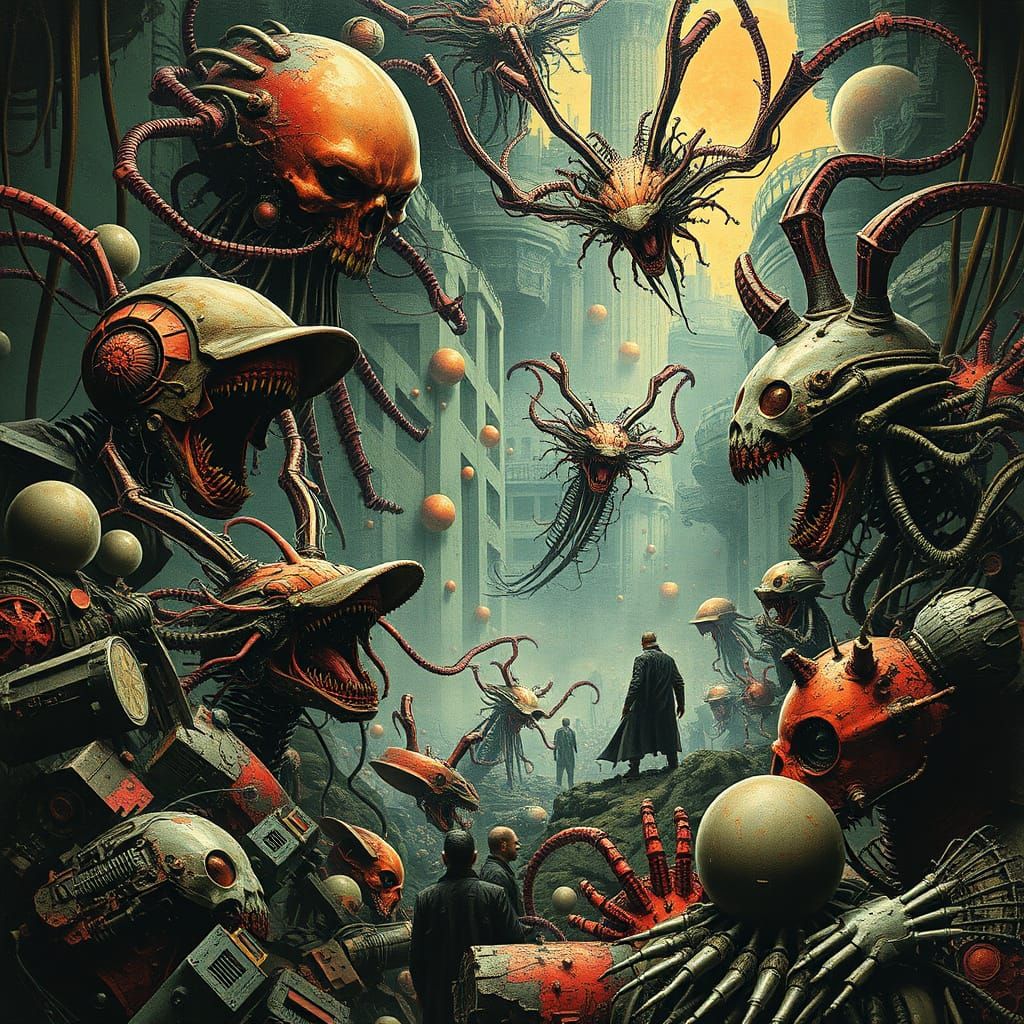 Surreal Futuristic Scene with Bold Contrasting Colors