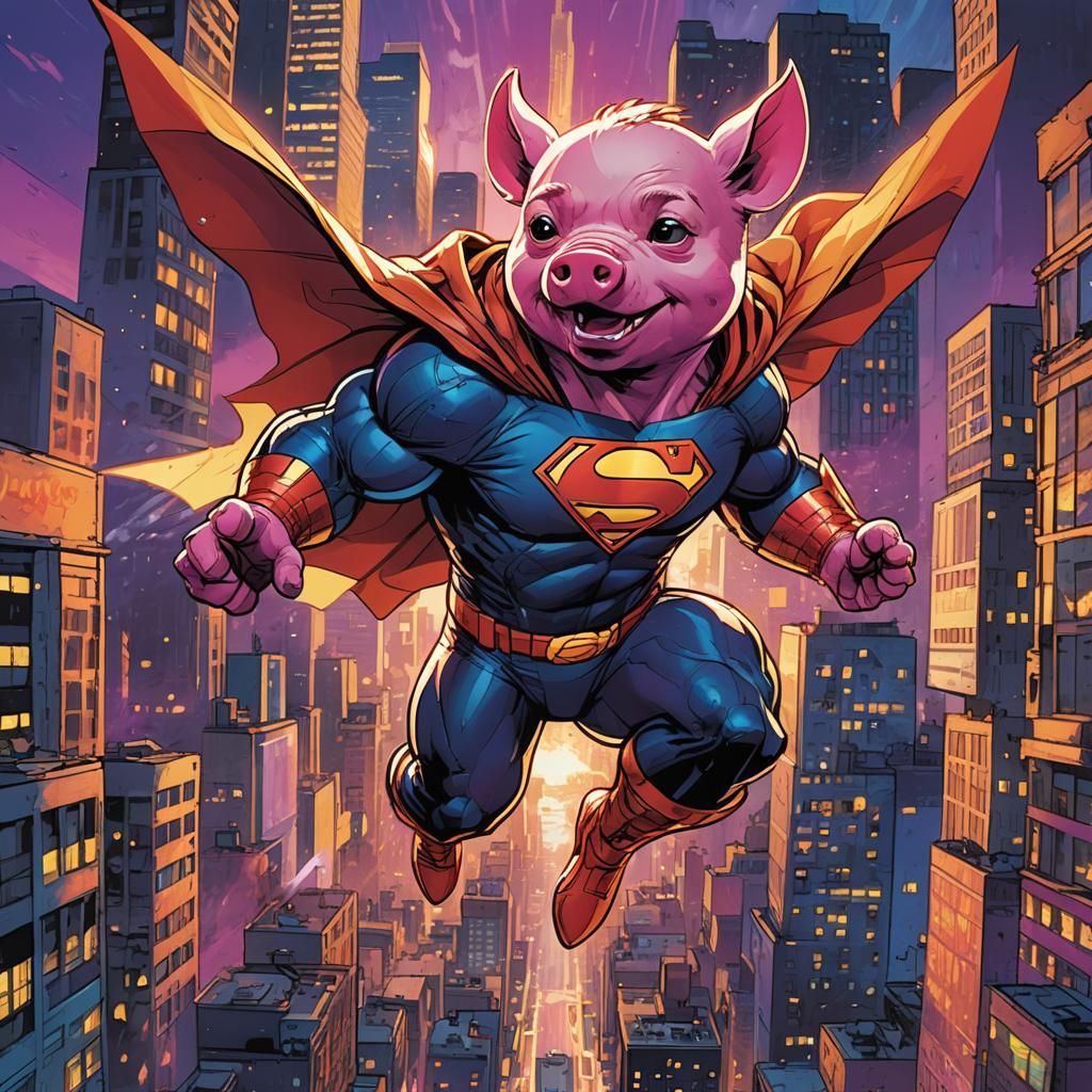 Kid Superpig Flies Through Neon Cityscape