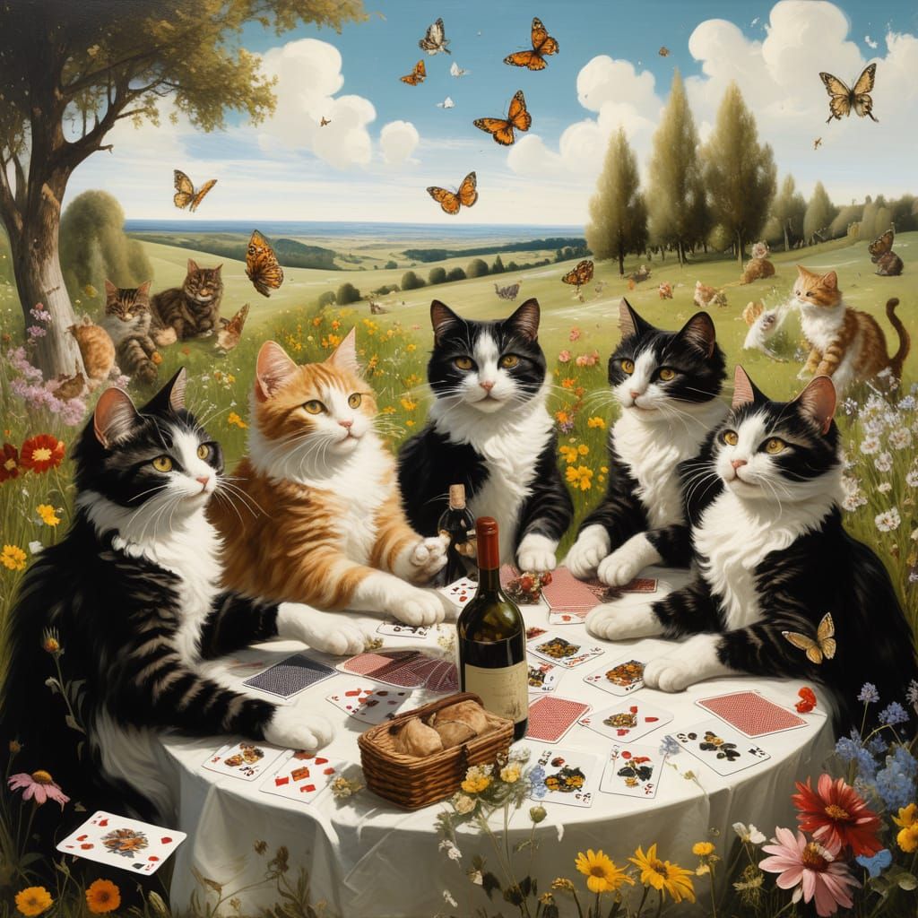 Cats Play Poker at a Sunny Meadow Picnic