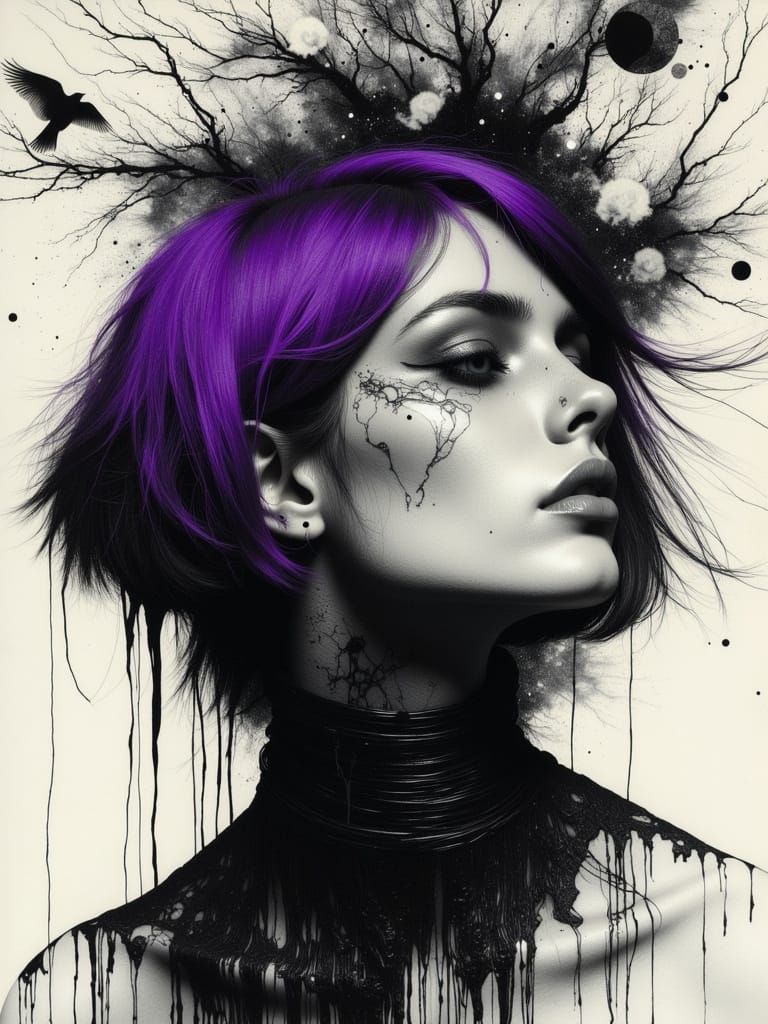 Gothic Abstract Portrait of Ethereal Woman with Purple Hair