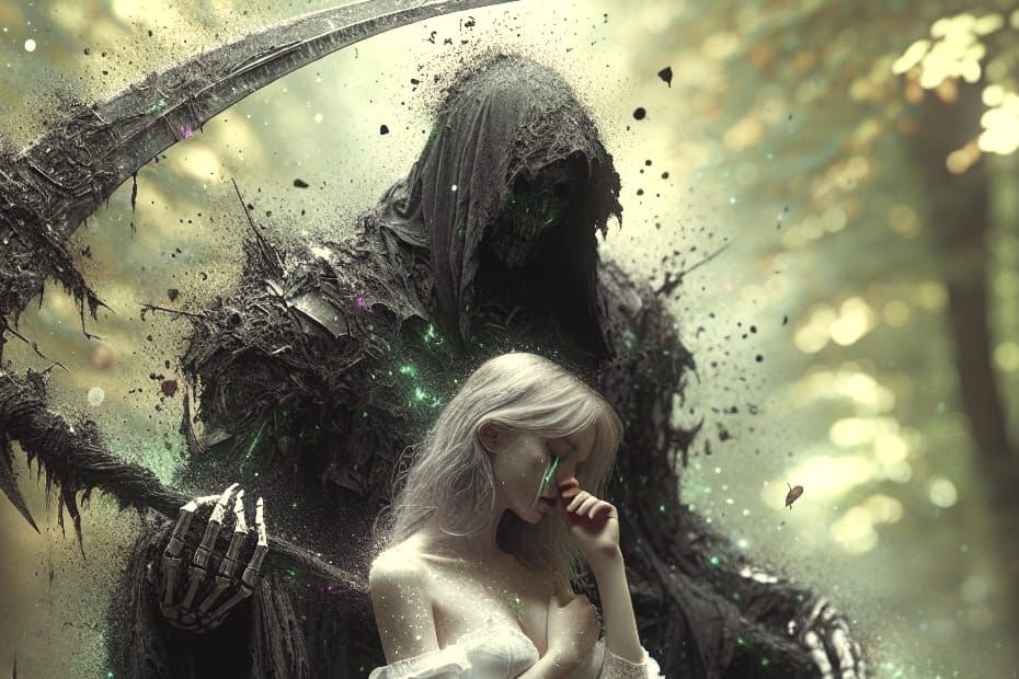 Woman Embraces Shadowy Figure with Scythe in Forest