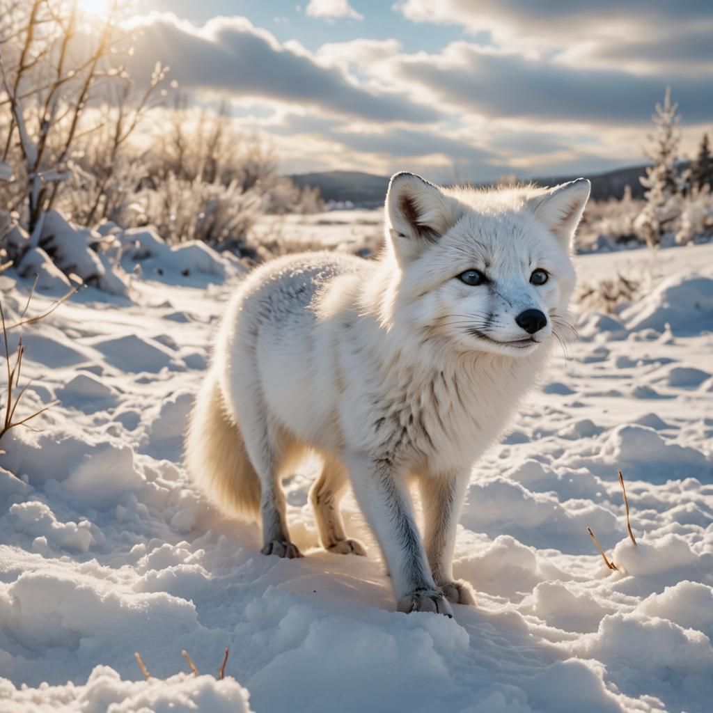 Fluffy White Fox Cub in Snowy Sunlight
