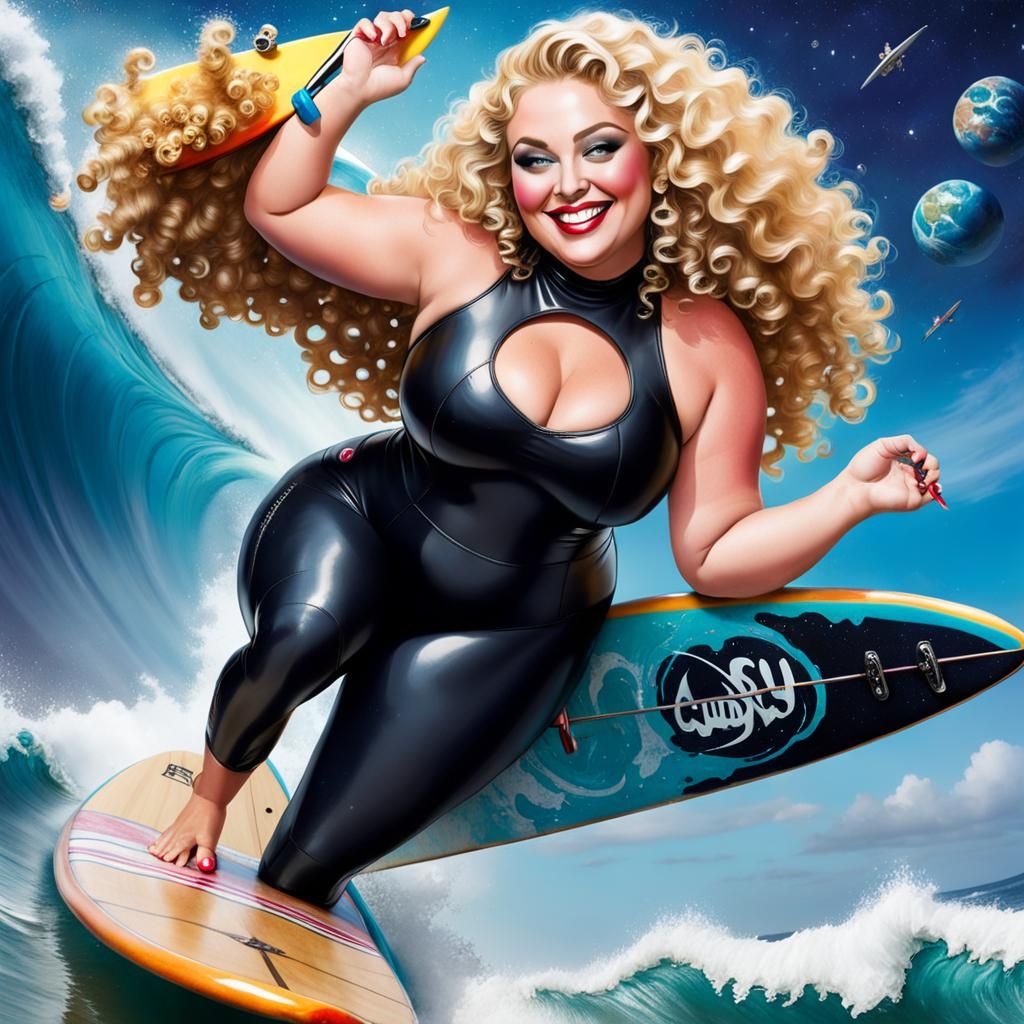 Curvy Surfer Girl Rides Wave in Outer Space