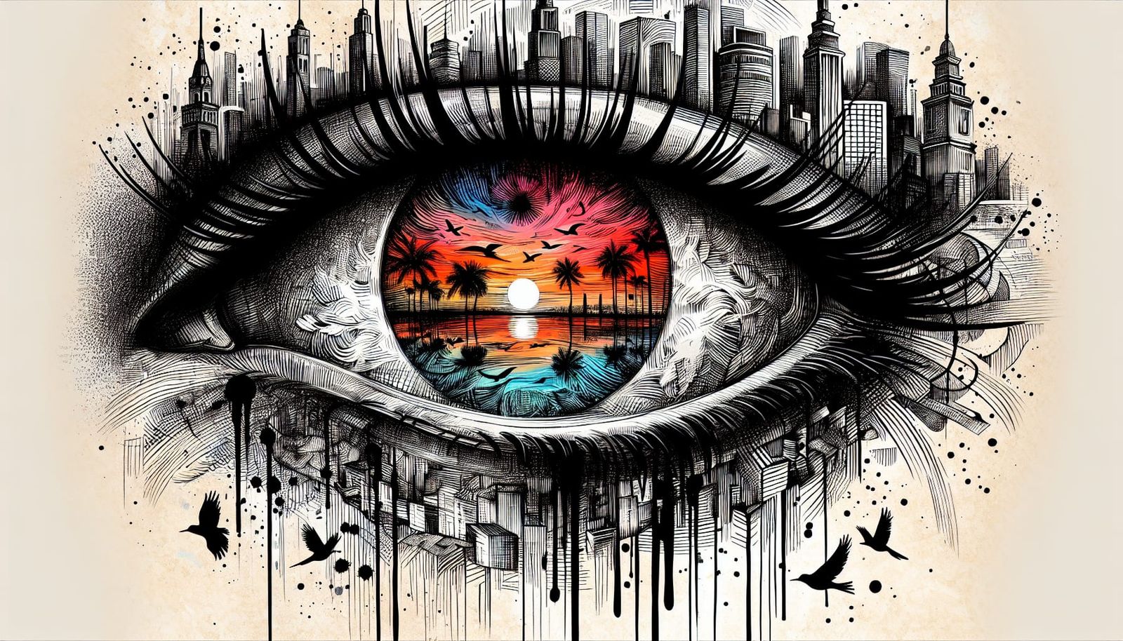 Edwardian-Inspired Eye with Vibrant Sunset and Urban Skyline
