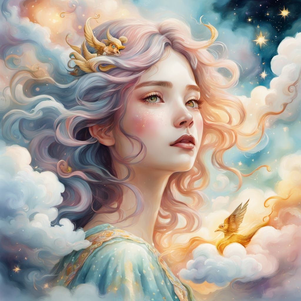 Woman Painting Magical Worlds in Watercolor Style