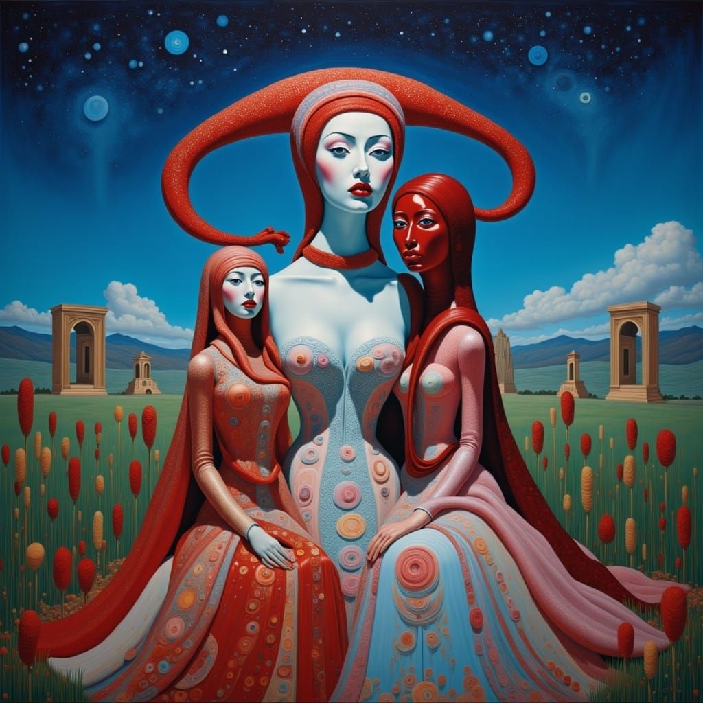 Sisters in Ethereal Reverie Under Starry Skies