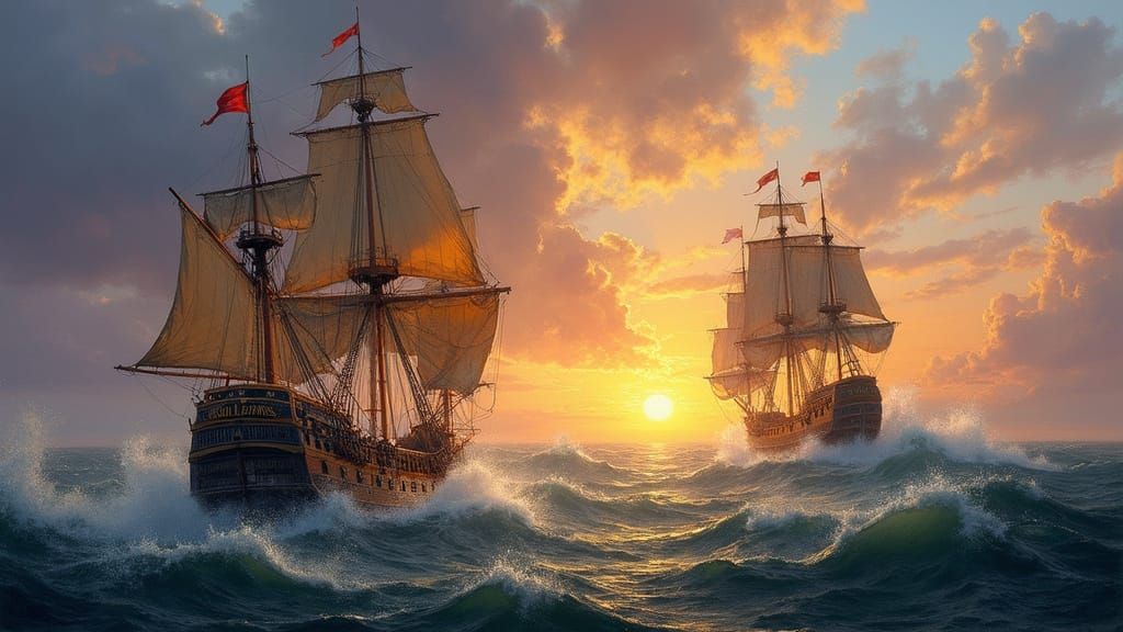 Naval Battle at Sunset in Impasto Style