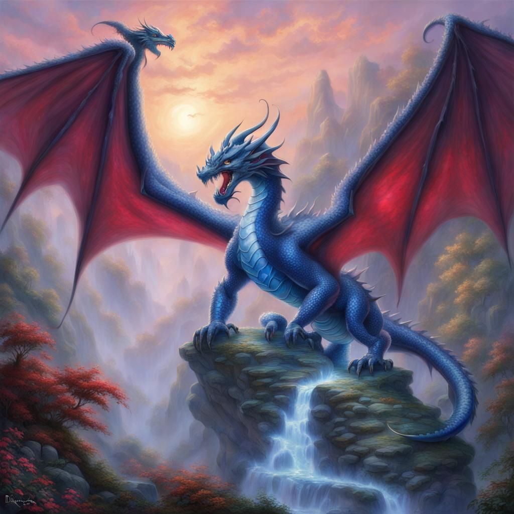 Sapphire Dragon with Ruby in Fantasy Style