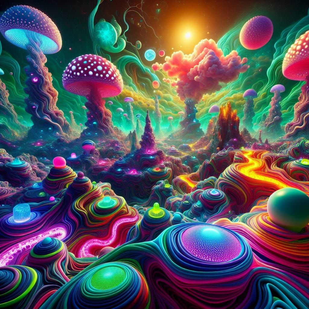 Surreal Psychedelic Landscape with Neon Elements
