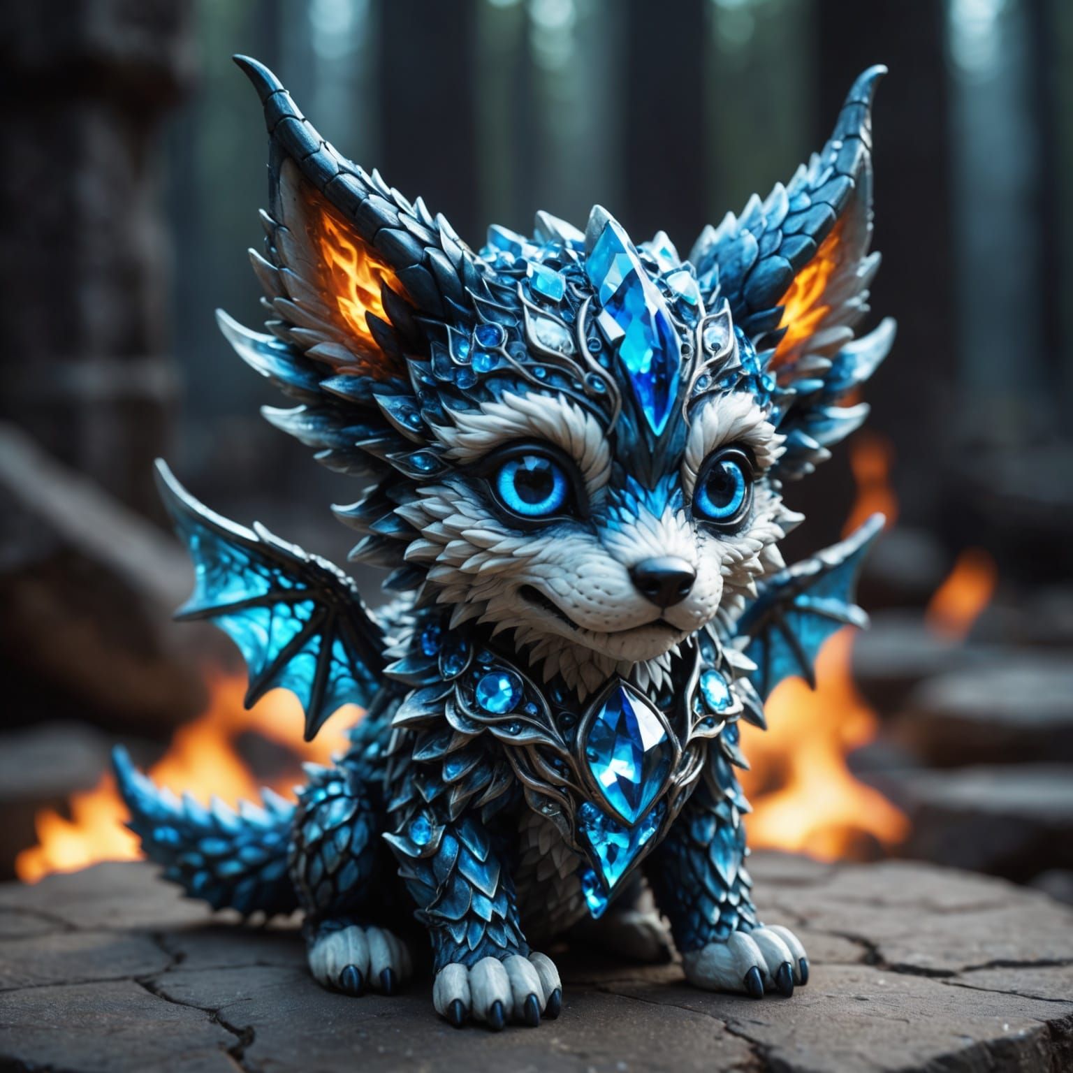 Chibi Dragon Wolf with Blue Fire and Crystal Horns
