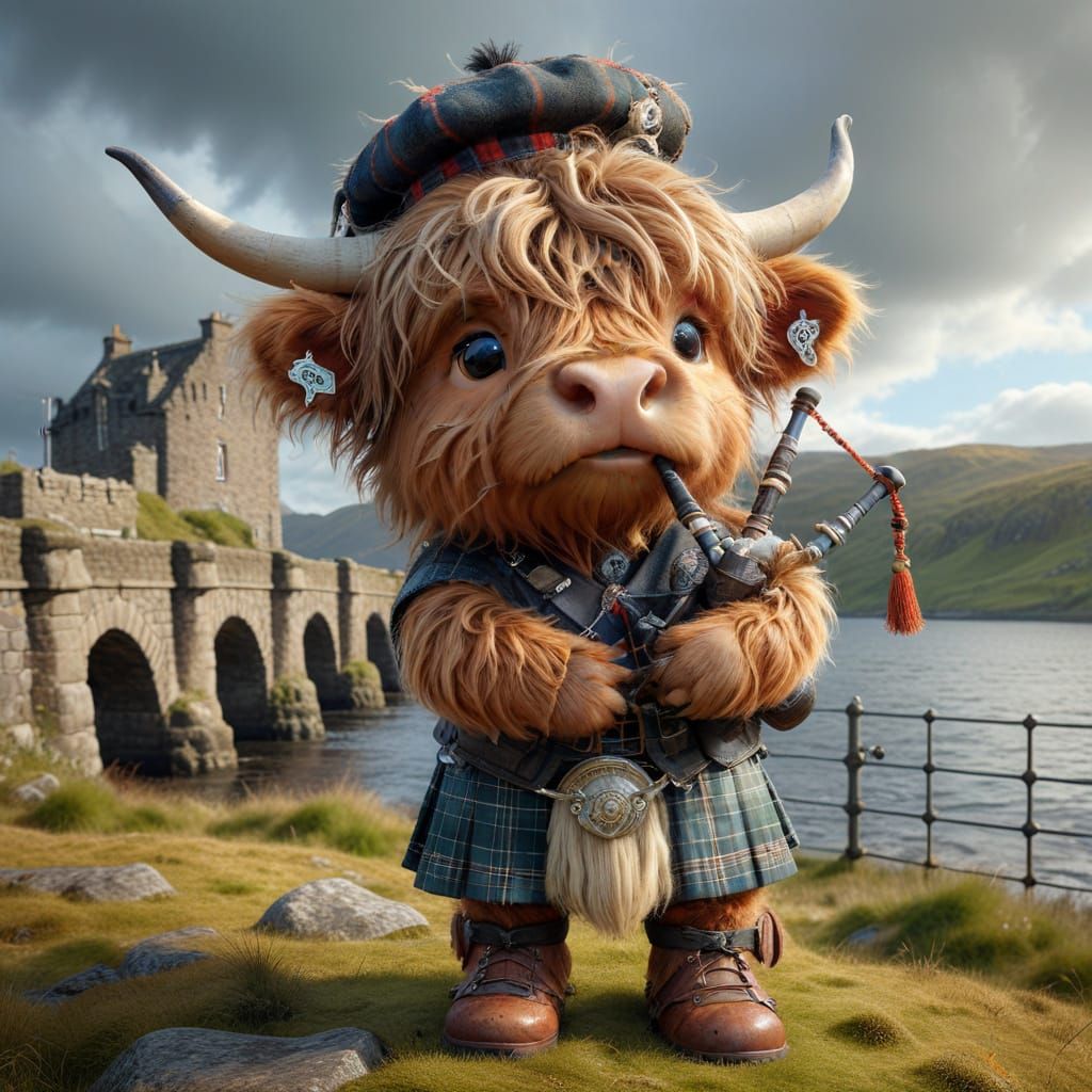 Highland Cow Bagpiper by Loch Ness