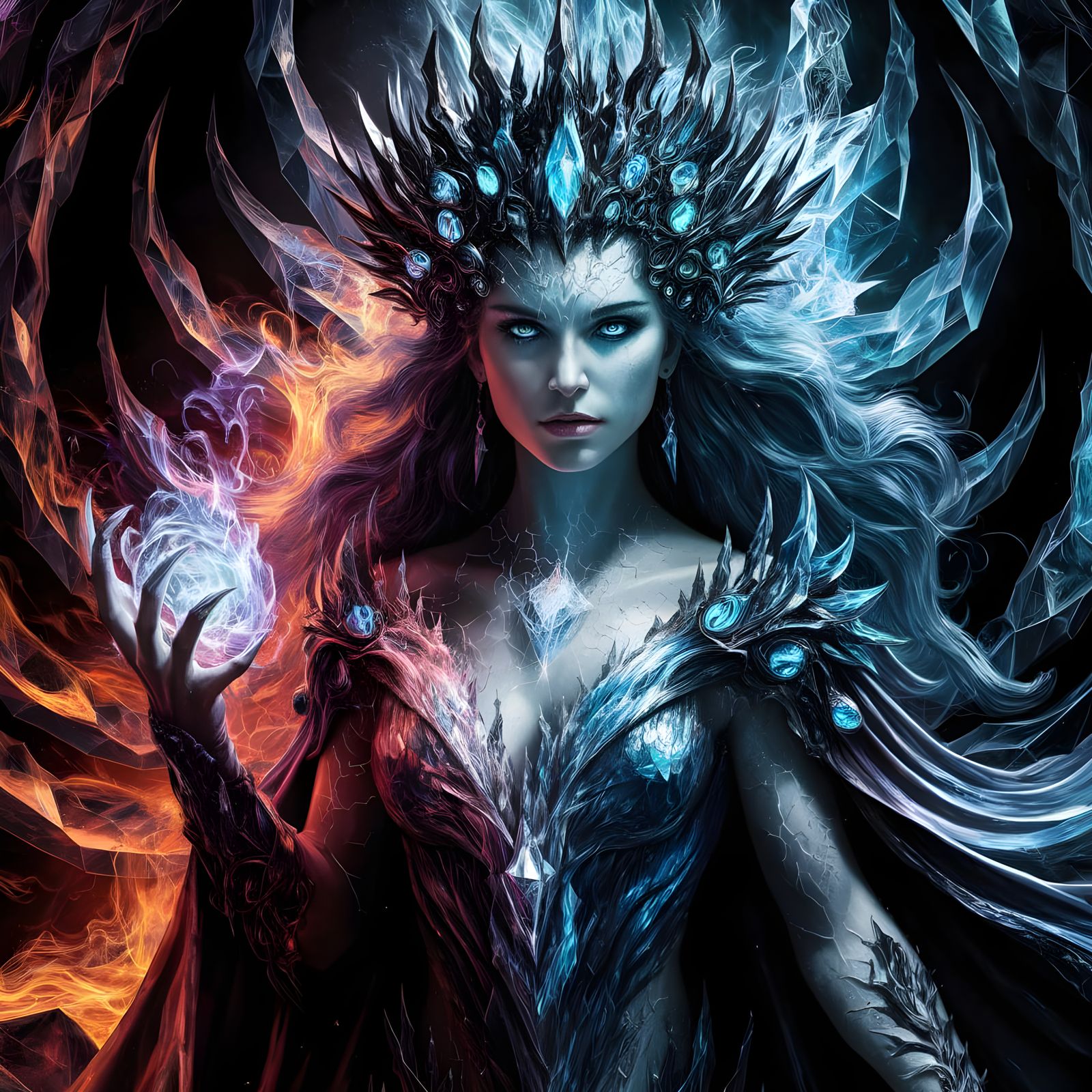 Regal Goddess of Ice and Fire in Vibrant, Swirling Flames