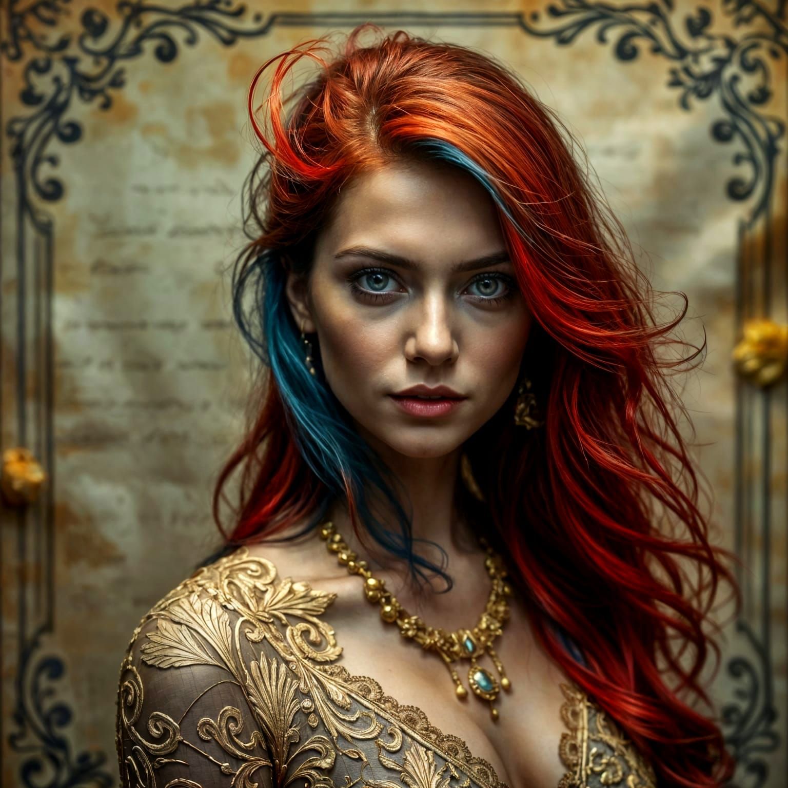 Red and Blue Haired Woman in Distressed Style