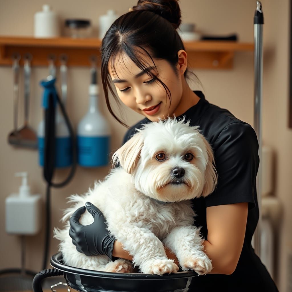 Gentle Dog Groomer in Elegant Art Nouveau Style