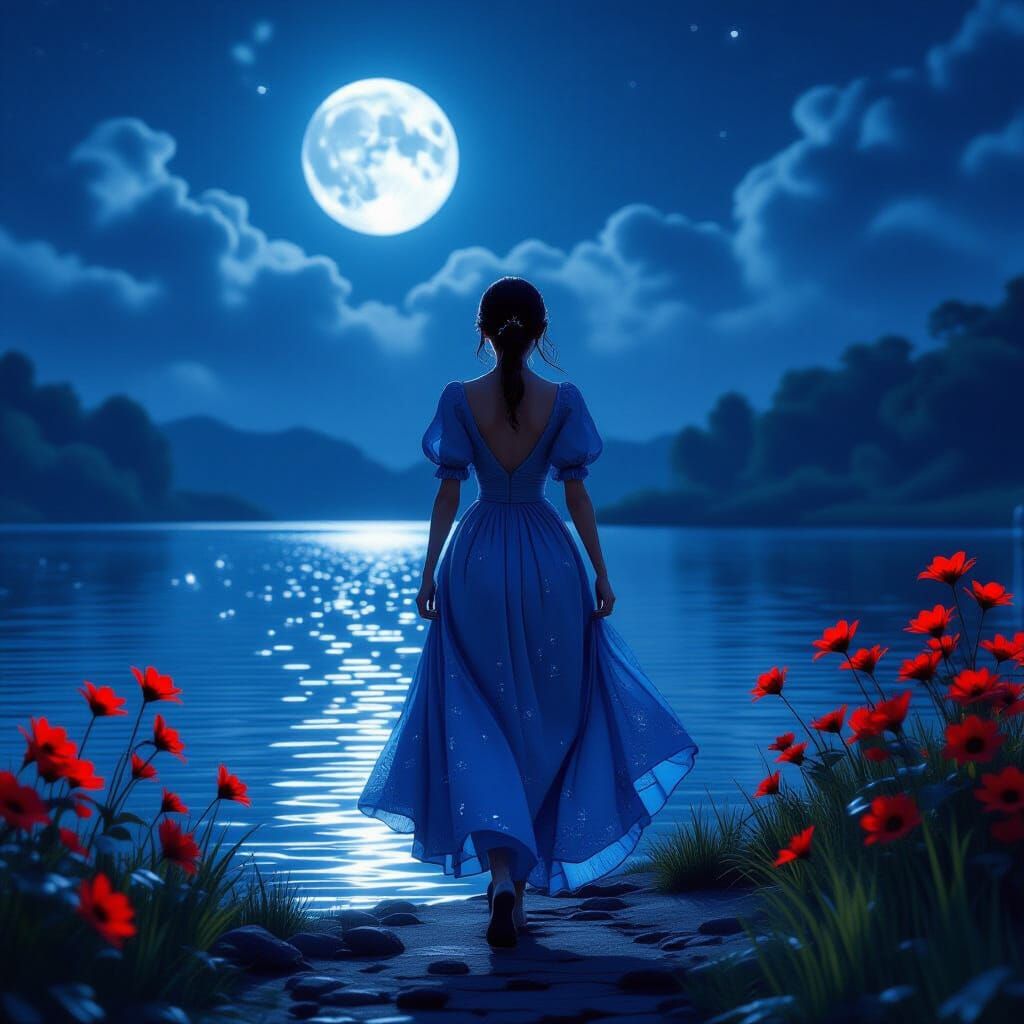 Girl in Blue Dress by Moonlit Lake