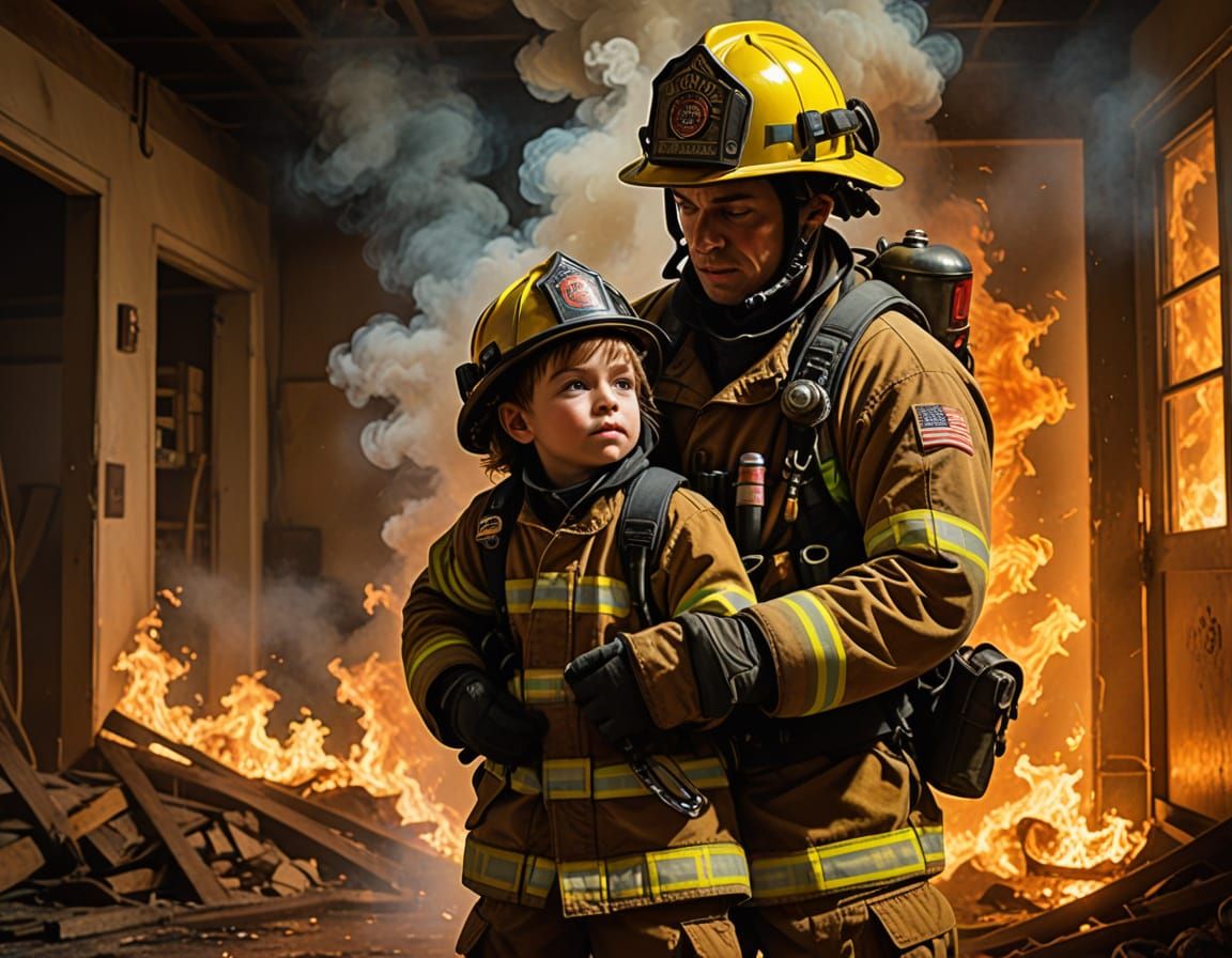 firefighter helping child