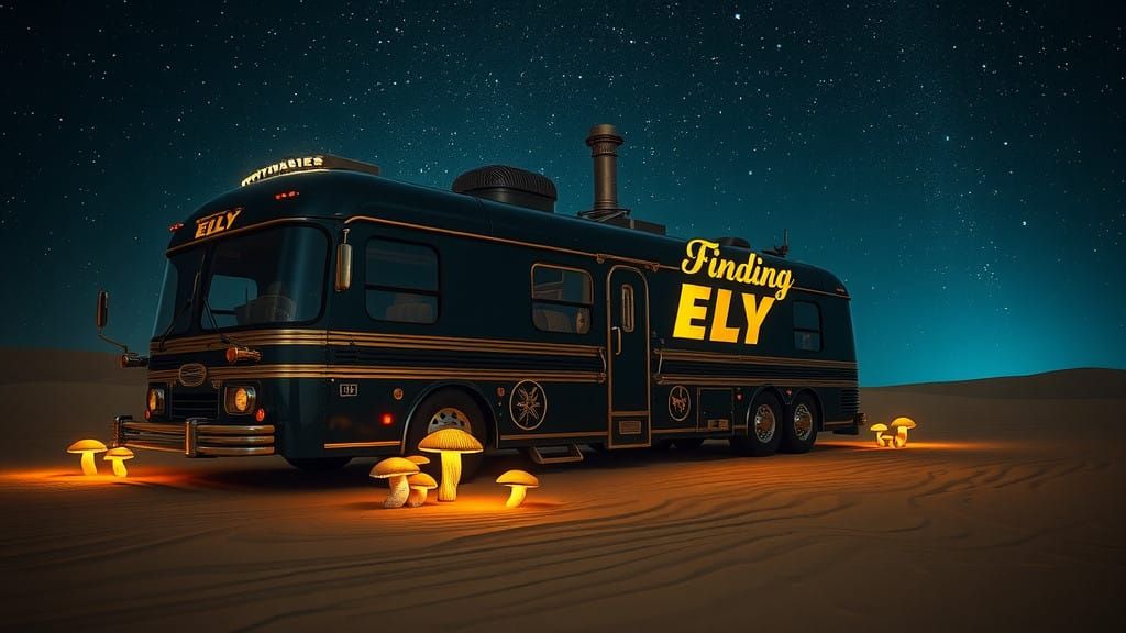 Majestic Steampunk Bus Under Starry Desert Night Sky