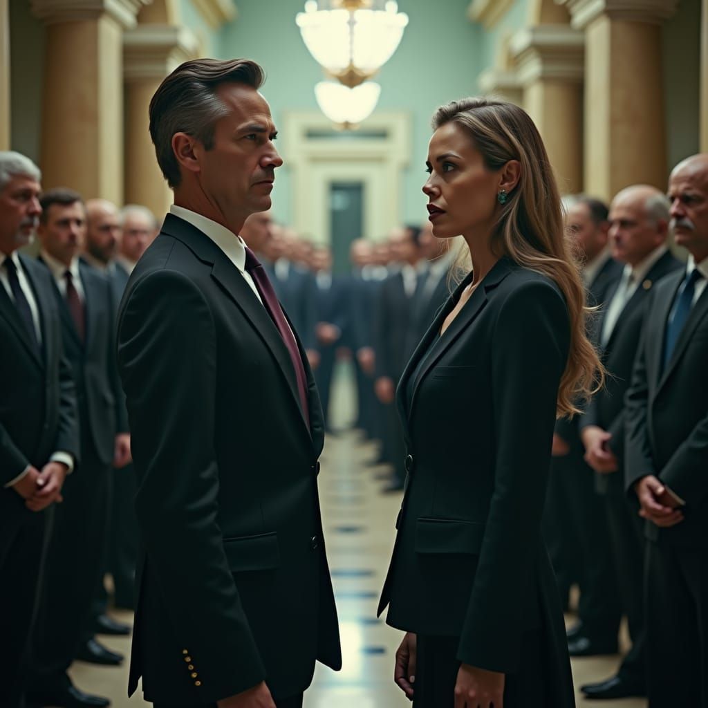 Cinematic Still of Powerful Figures in Politics