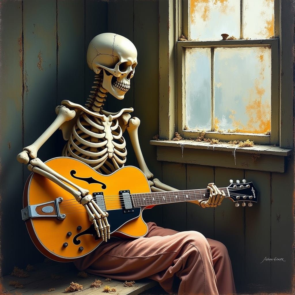 Skeleton Musician in Abandoned Cabin, Impressionistic Oil Pa...