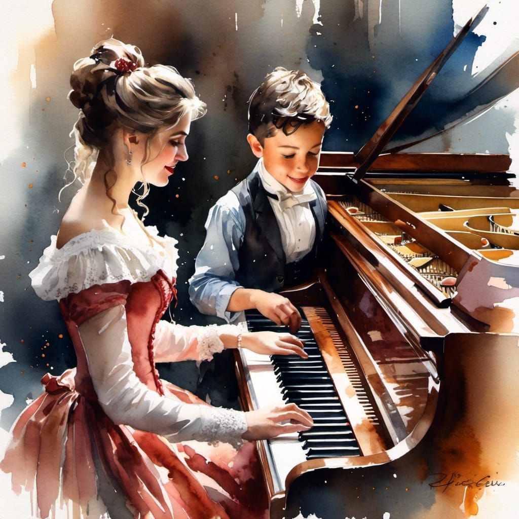Victorian Woman Giving Piano Lesson Watercolor Painting