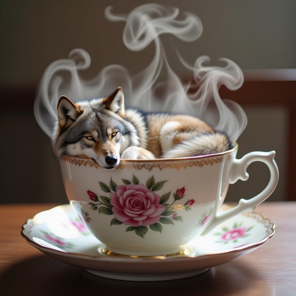 Wolf Resting in Giant Teacup with Magical Steam