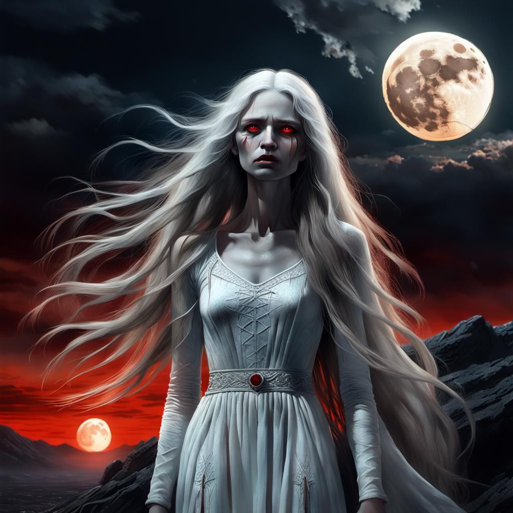 Banshee , the woman pale as the moon with long hair , sad an...