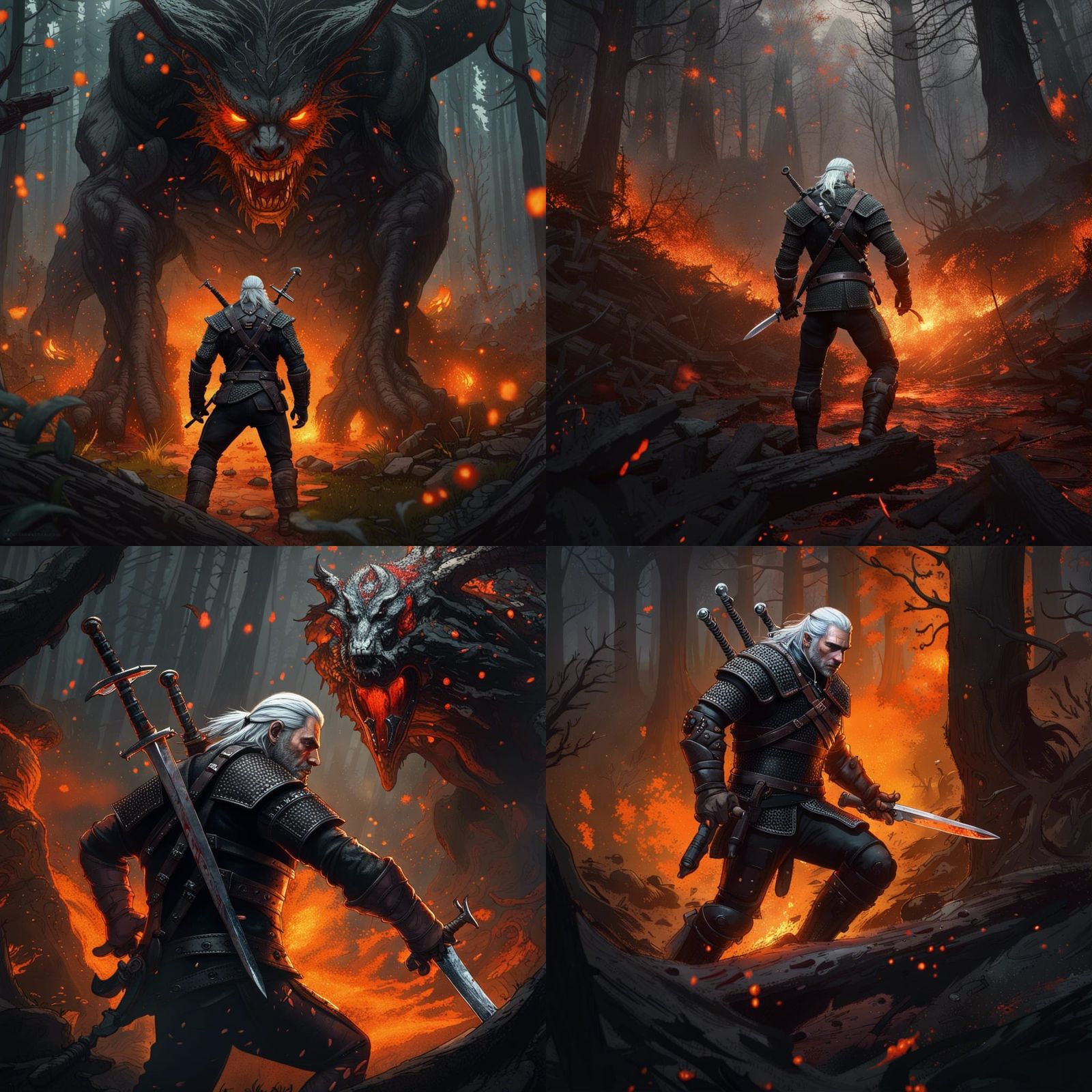 Monster Hunter Battles in Burning Forest, Dark Fantasy Art