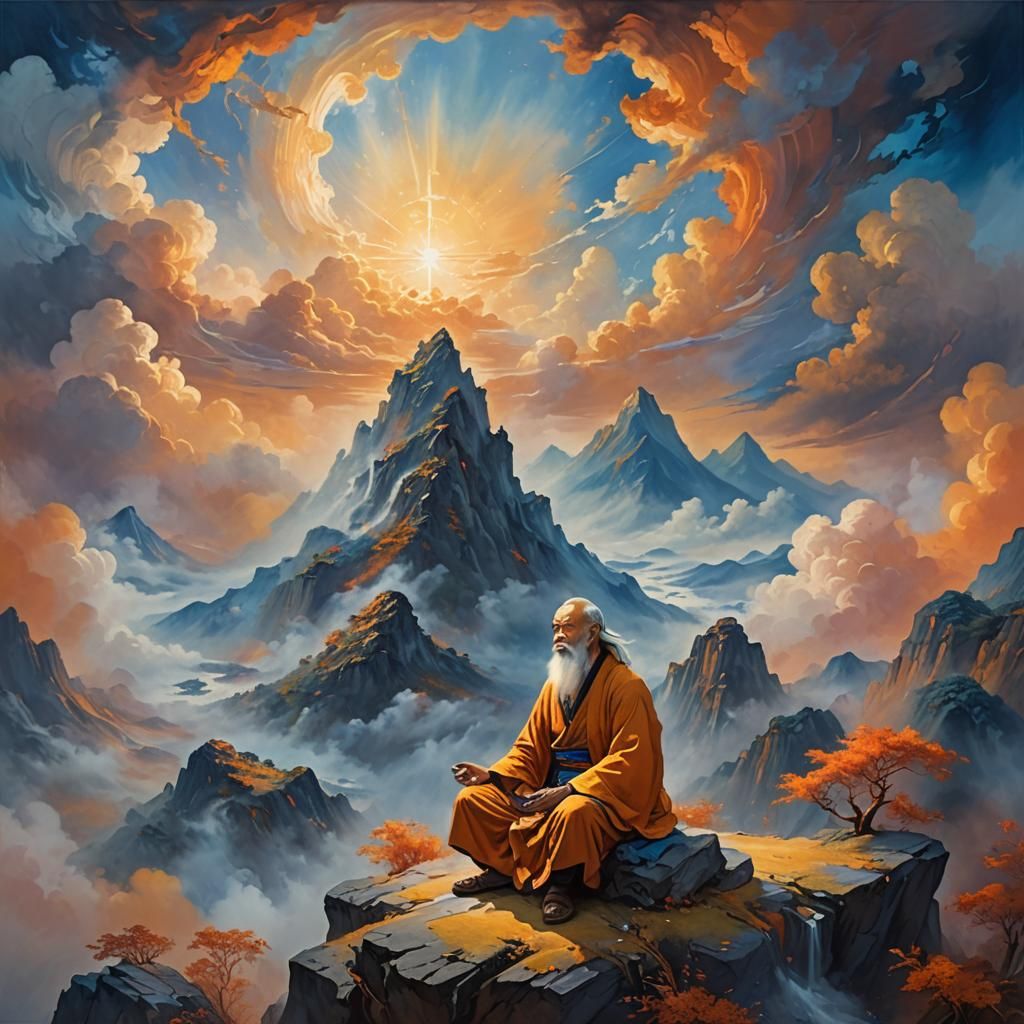 Lao Tzu Meets Ethereal Being: Fantasy Oil Painting