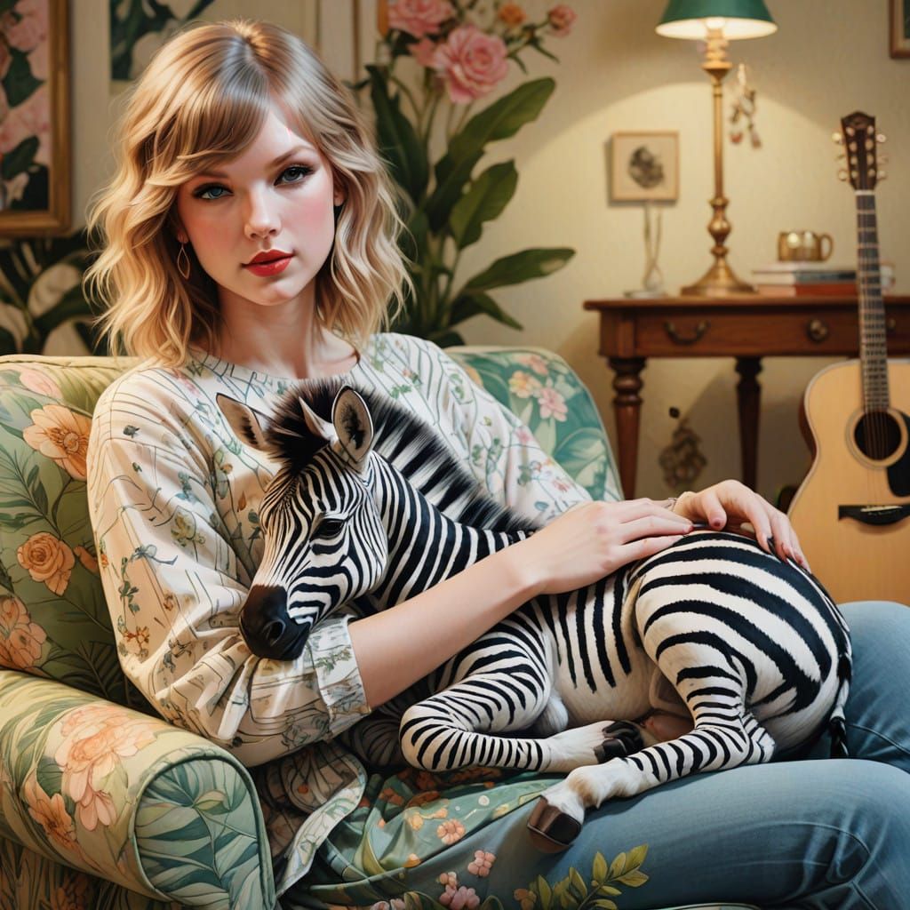 Taylor Swift Cradles a Whimsical Black and White Zebra in a...