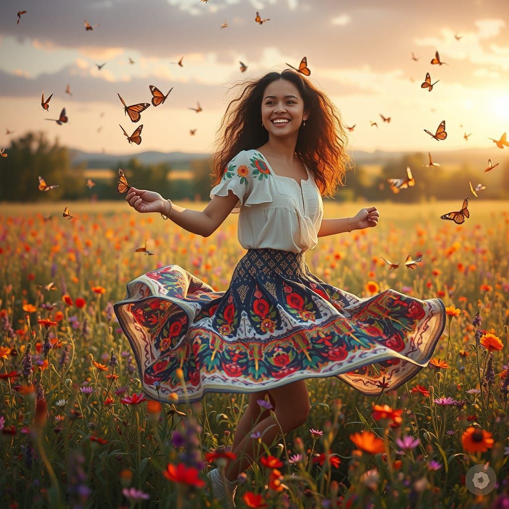 Young Latina Woman Dancing in Sunlit Wildflower Meadow