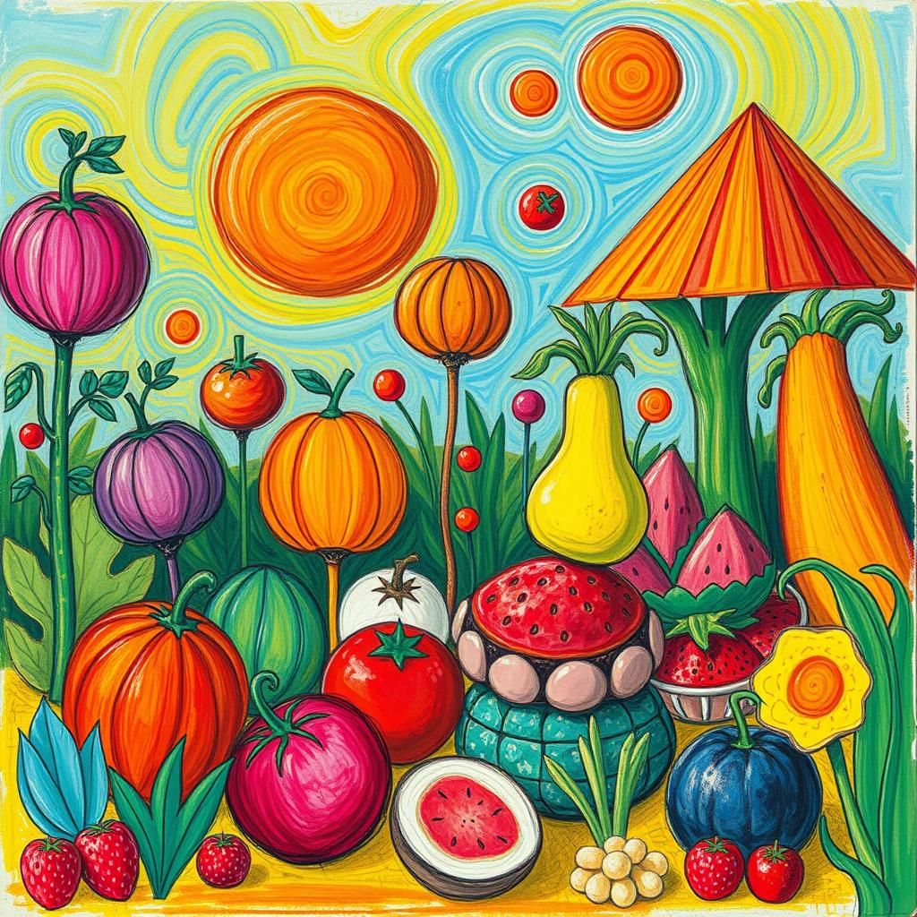Vibrant Children's Garden Art in Naive Style