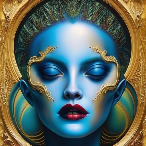 Surreal Blue and Gold Alien Woman Portrait