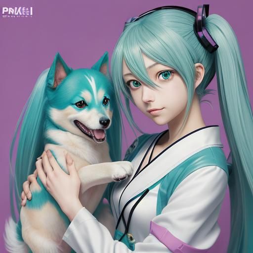 Miku Holding a Dog in Anime Style