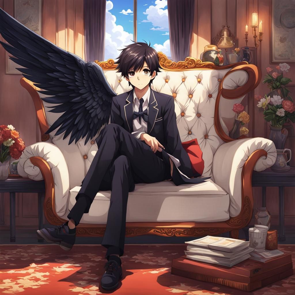 Boy with Angel Wings in Anime Style